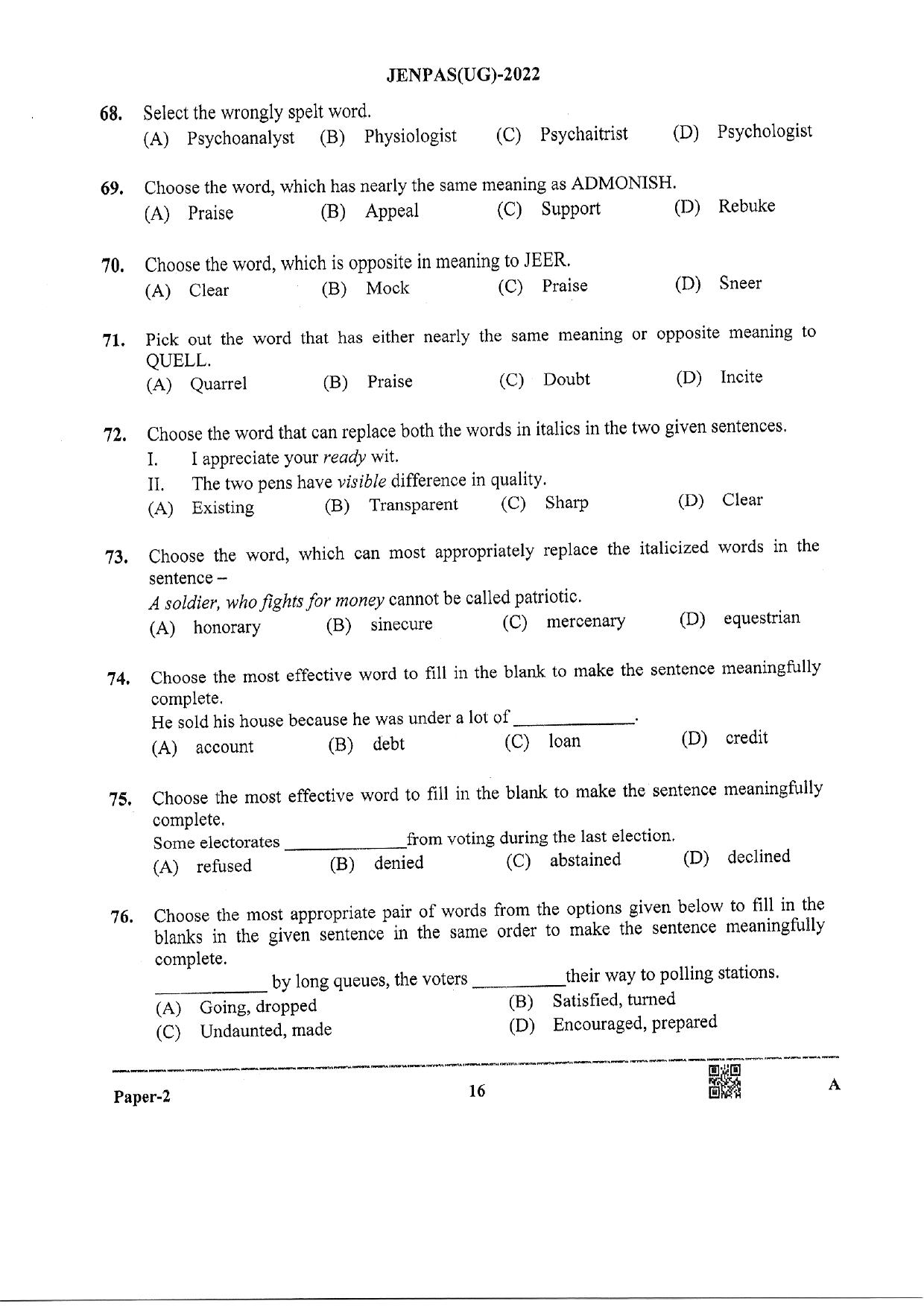 JENPAS (UG) 2022 Paper II (For BHA Only) Question Paper - Page 16