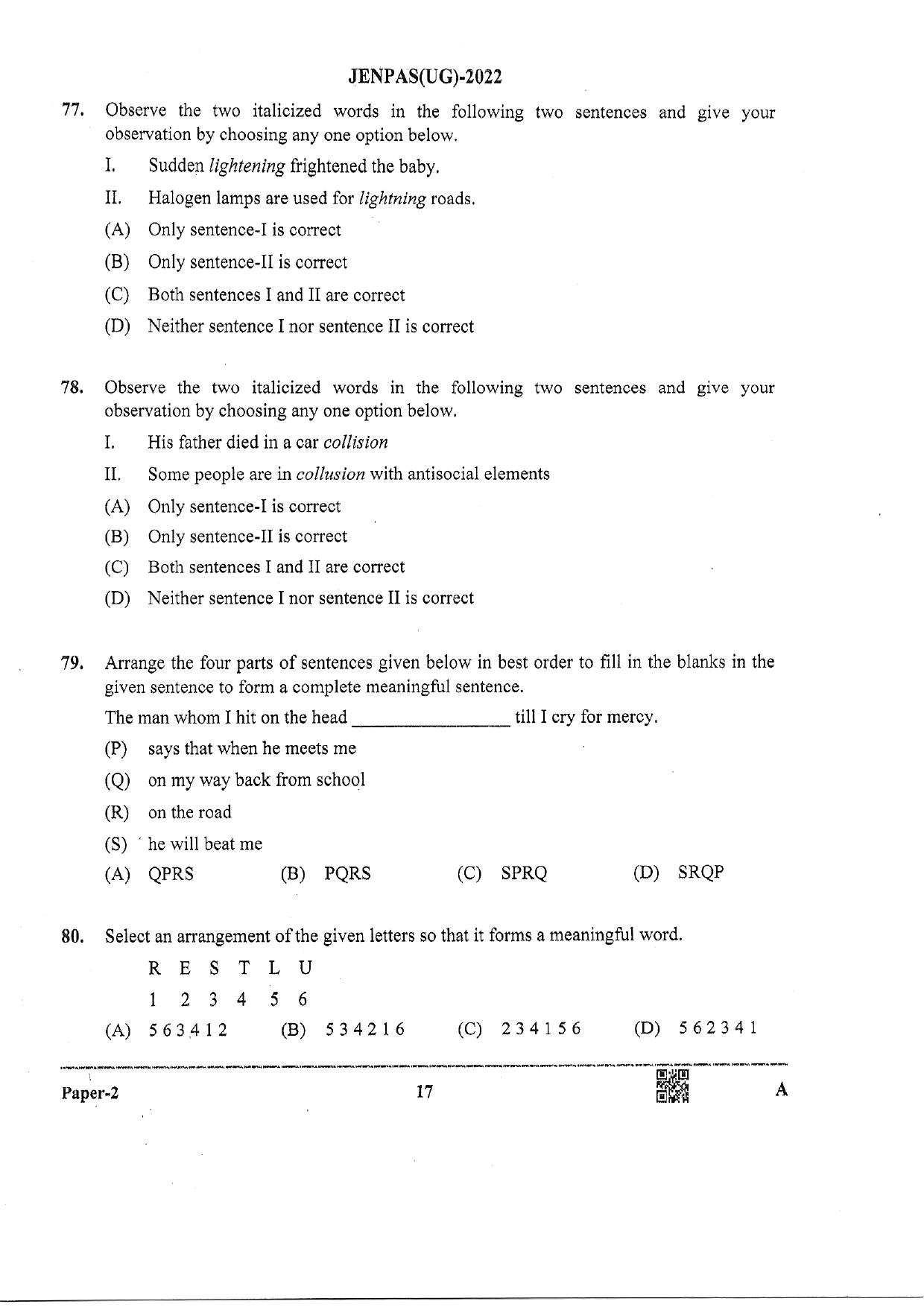 JENPAS (UG) 2022 Paper II (For BHA Only) Question Paper - Page 17