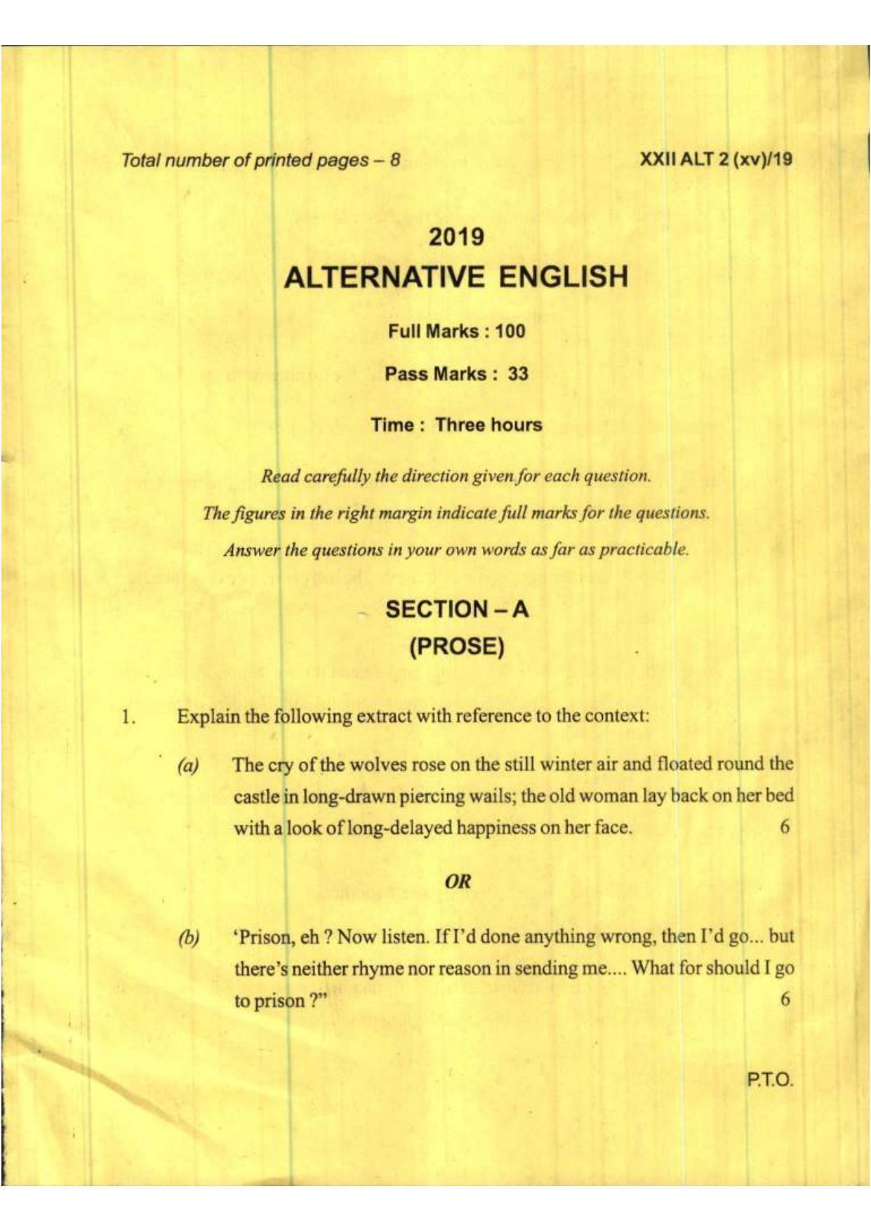 COHSEM Class 12 Alternative English 2019 Question Papers - Page 1