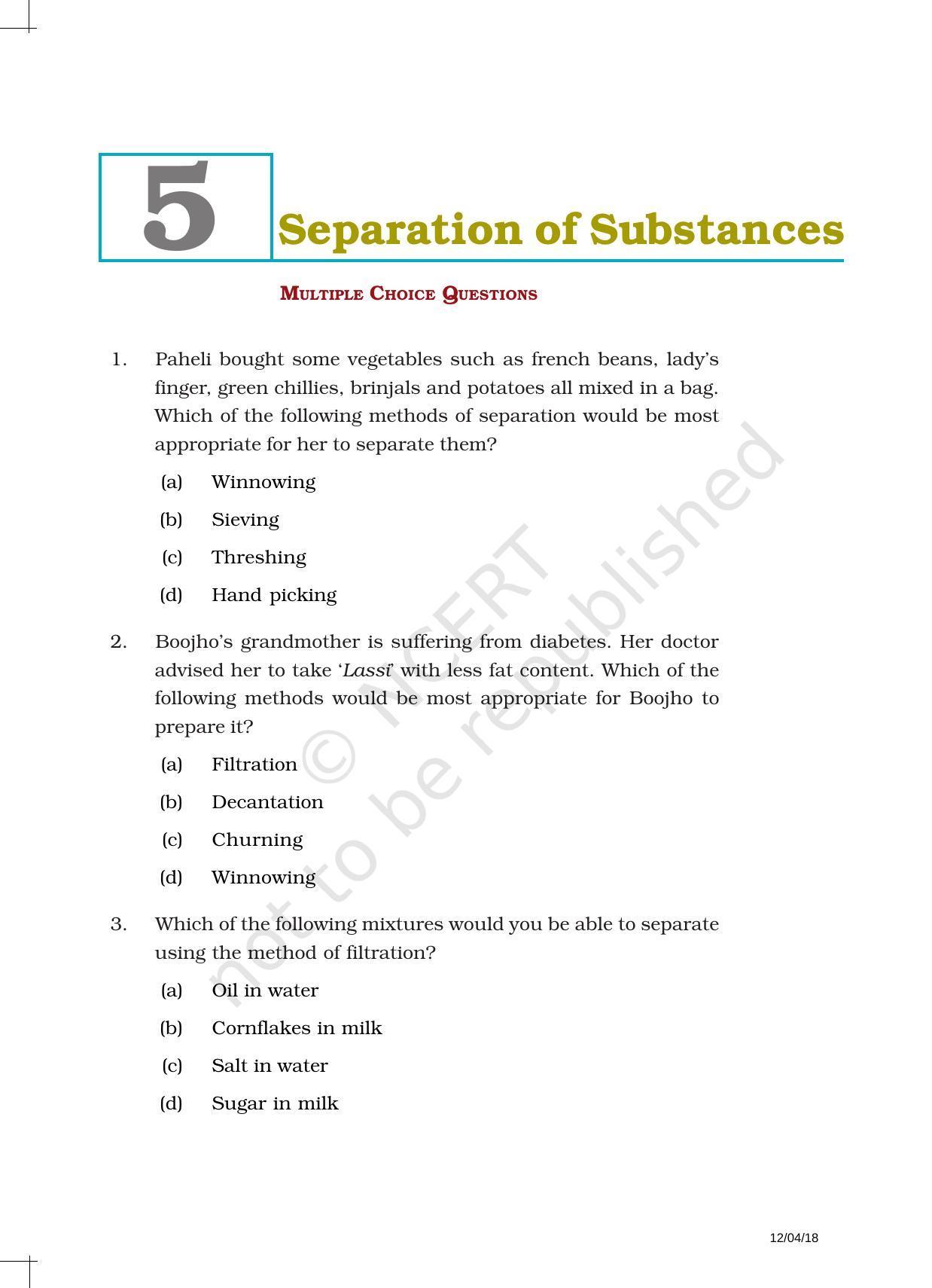 NCERT Exemplar Book for Class 6 Science: Chapter 5-Separation of Substances - Page 1