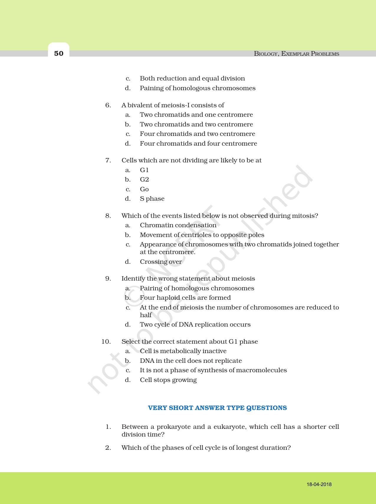 NCERT Exemplar Book for Class 11 Biology Chapter 10 Cell Cycle and Cell ...