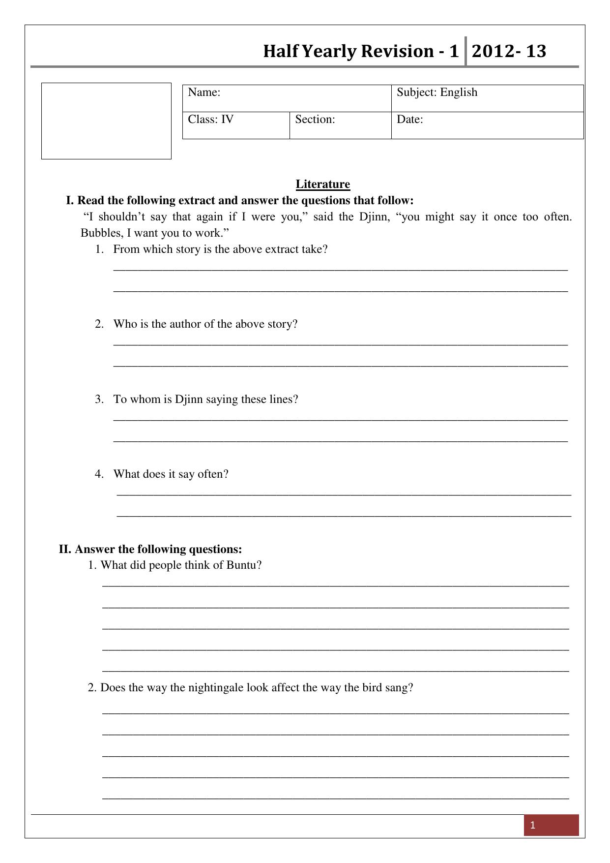 Worksheet for Class 4 English Assignment 44 Literature - Page 1