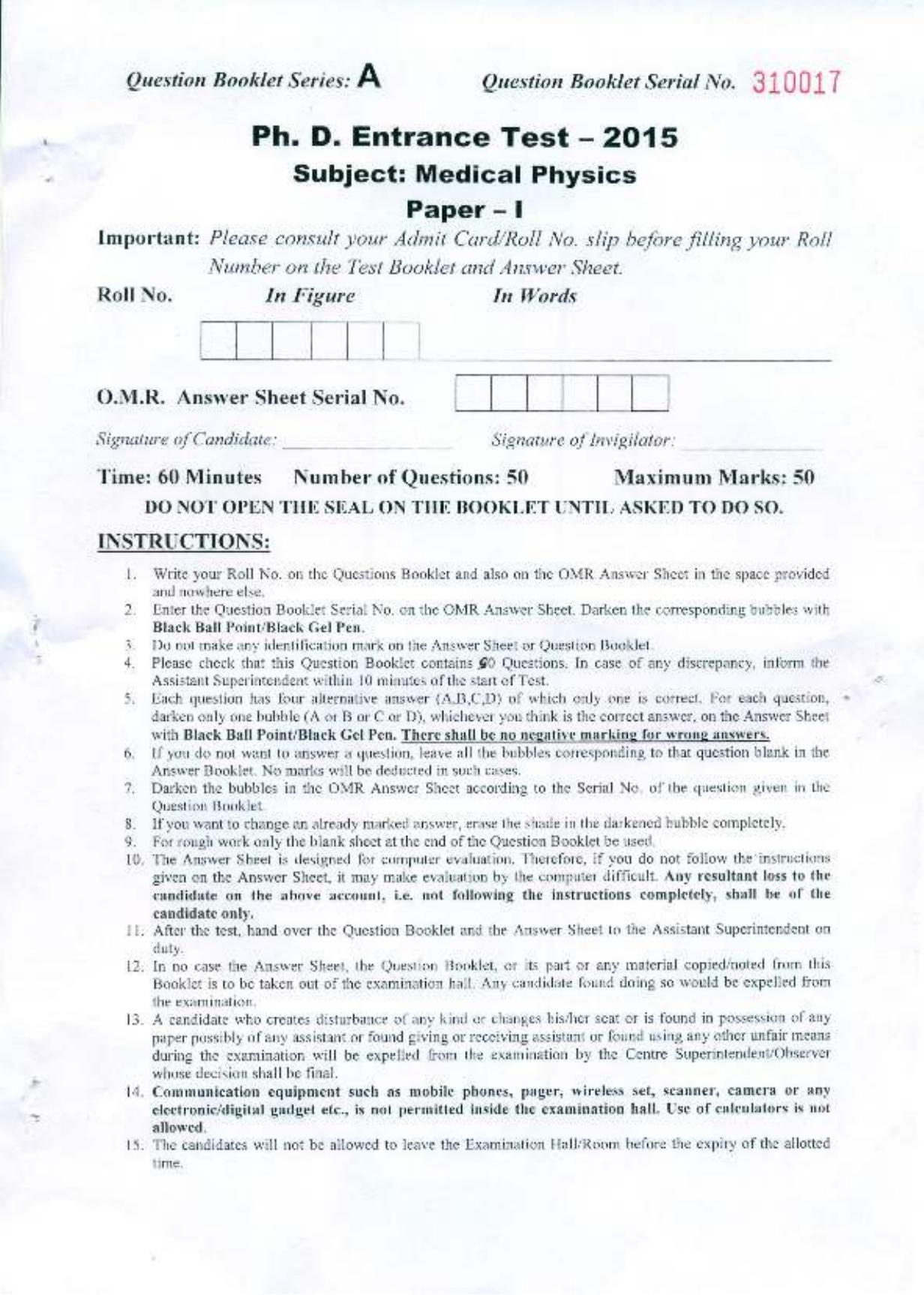 PU MPET Medical Physics 2015 Question Paper - Page 1