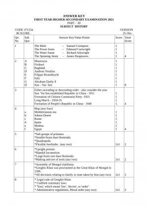 Kerala Plus One (Class 11th) History Answer Key 2021