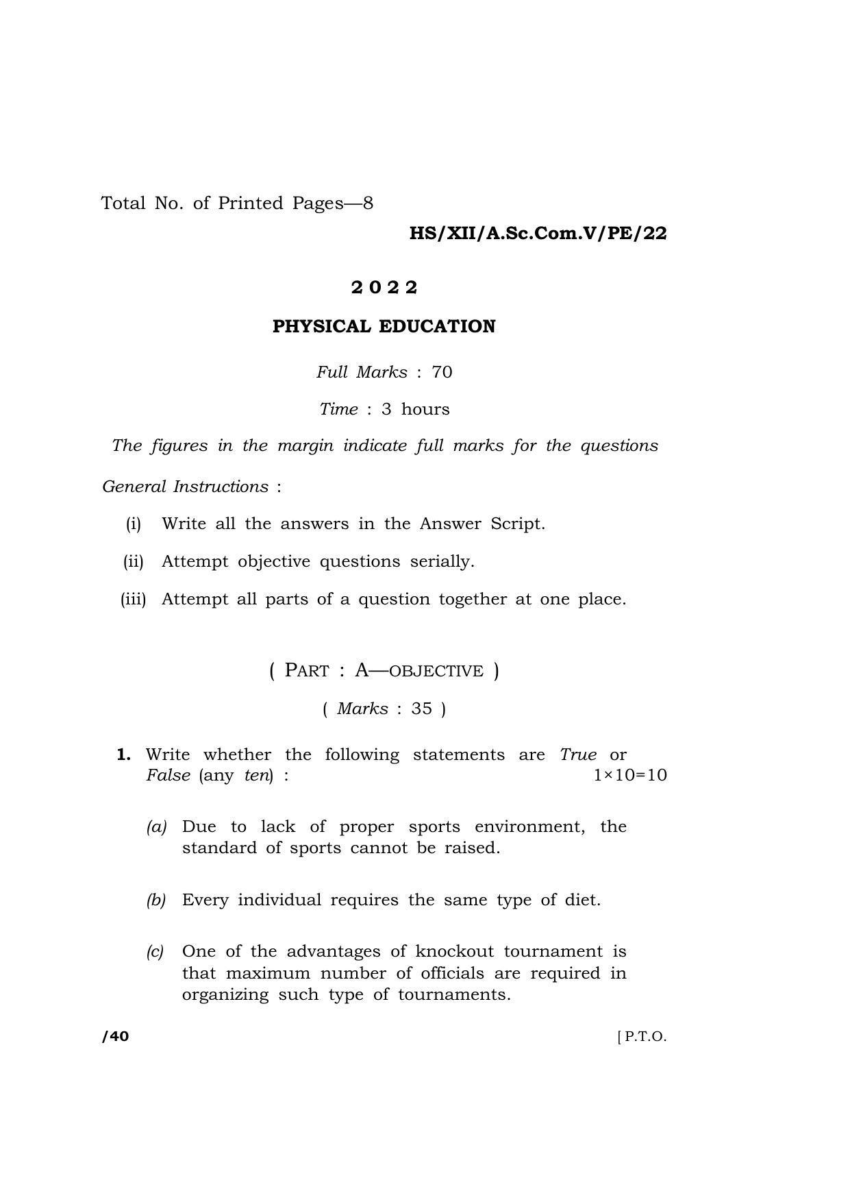 Meghalaya Board (MBOSE) Class 12 PHYSICAL EDUCATION (HS_XII_A.Sc.Com.V_PE_22) 2022 Question Paper - Page 1