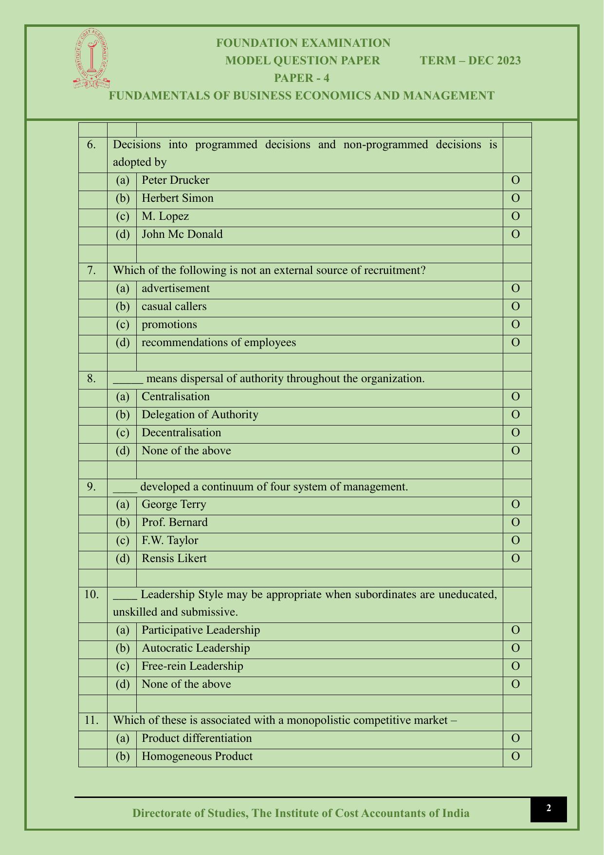 ICMAI Dec 2023 - Paper 4 – FUNDAMENTALS OF BUSINESS ECONOMICS AND MANAGEMENT - Answer Key - Page 2