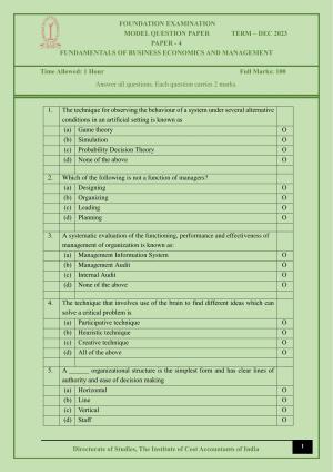 ICMAI Dec 2023 - Paper 4 – FUNDAMENTALS OF BUSINESS ECONOMICS AND MANAGEMENT - Answer Key