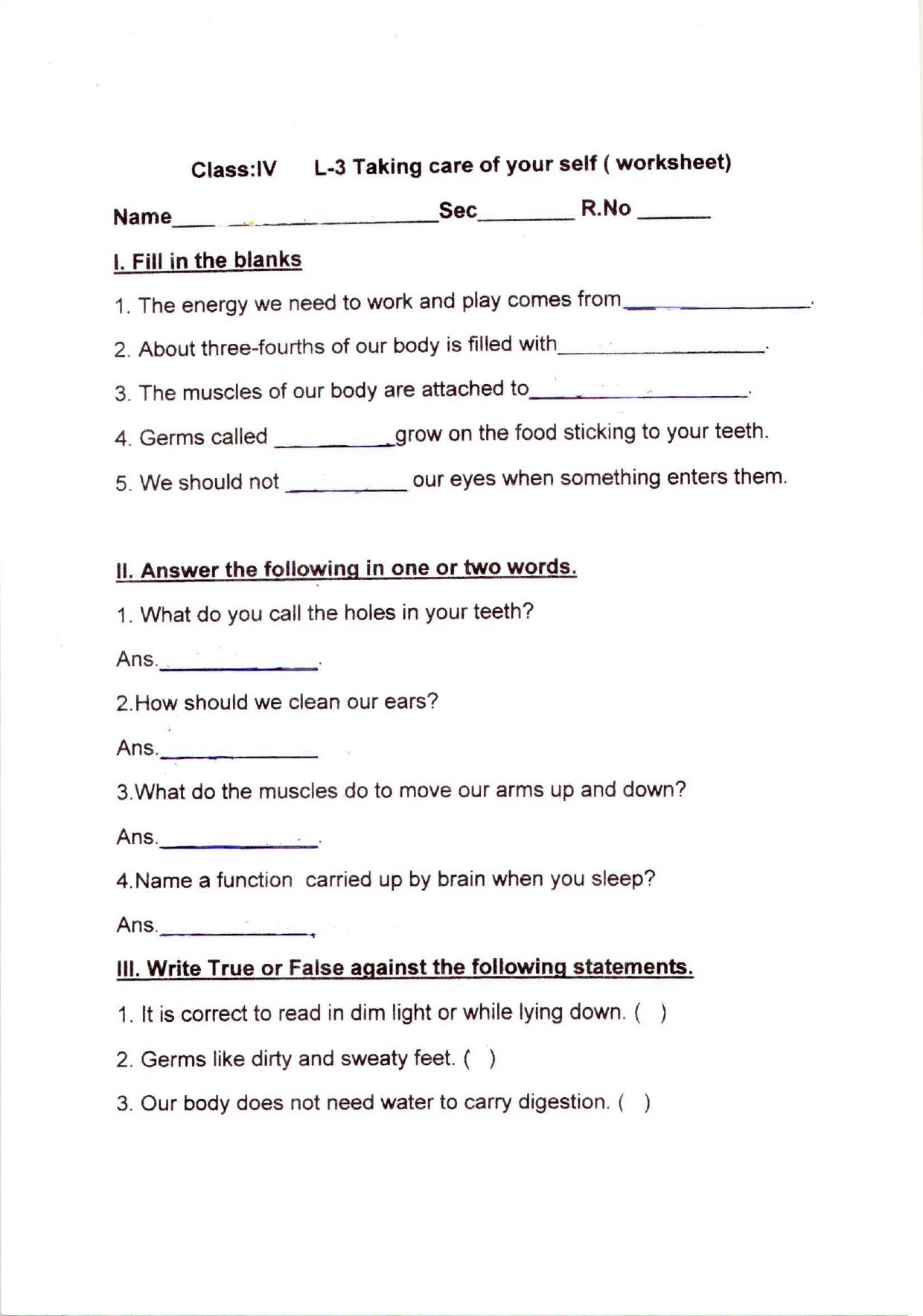 Worksheet for Class 4 Science Taking Care of Yourself Assignment - Page 1
