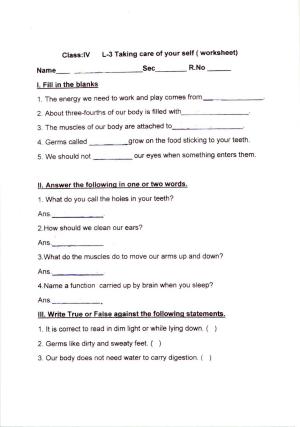 Worksheet for Class 4 Science Taking Care of Yourself Assignment