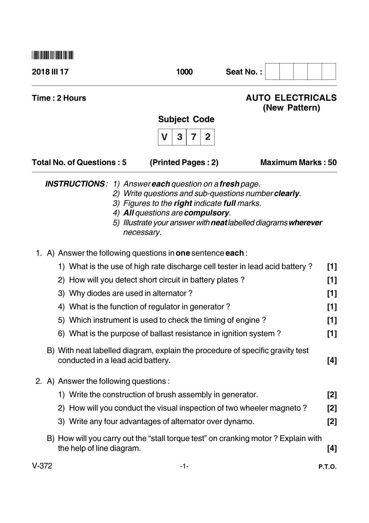 Goa Board Class 12 Auto Electricals  Voc 372 New Pattern (March 2018) Question Paper - Page 1