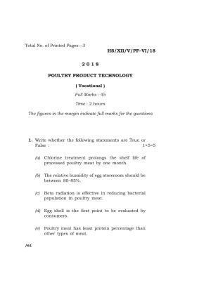 Meghalaya Board (MBOSE) Class 12 POULTRY PRODUCT TECHNOLOGY ( Vocational ) 2018 Question Paper