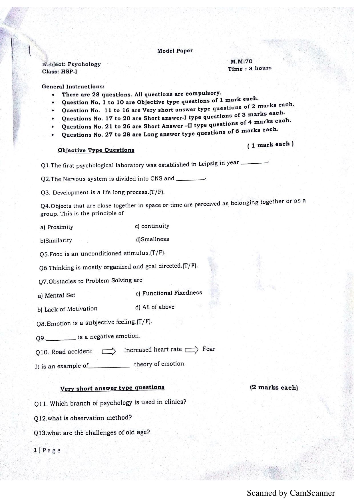 JKBOSE Class 11 Psychology Model Question Paper 2023 - Page 1