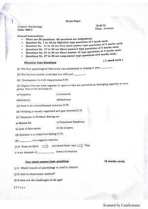 JKBOSE Class 11 Psychology Model Question Paper 2023