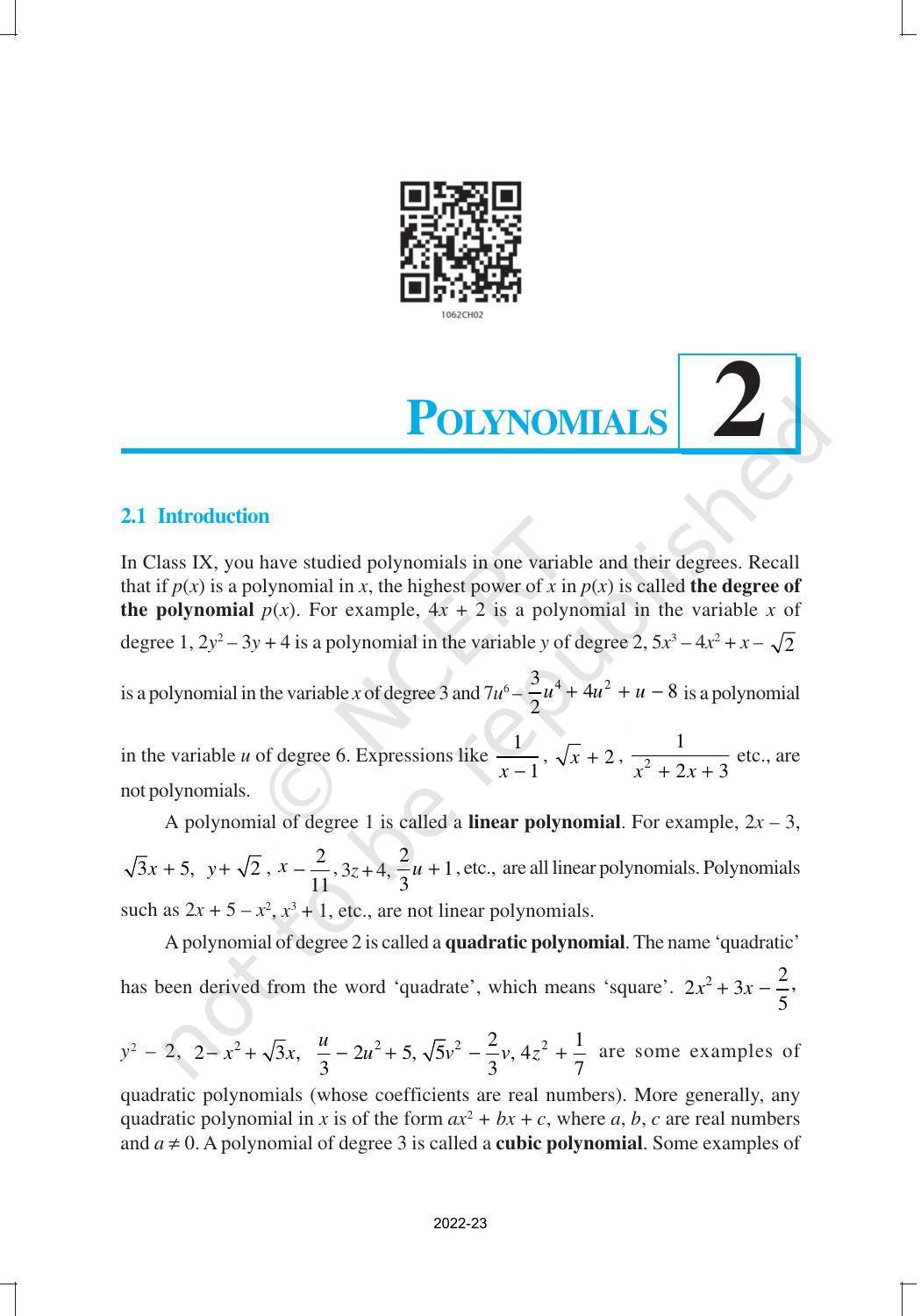 NCERT Book for Class 10 Maths Chapter 2 Polynomials - Page 1