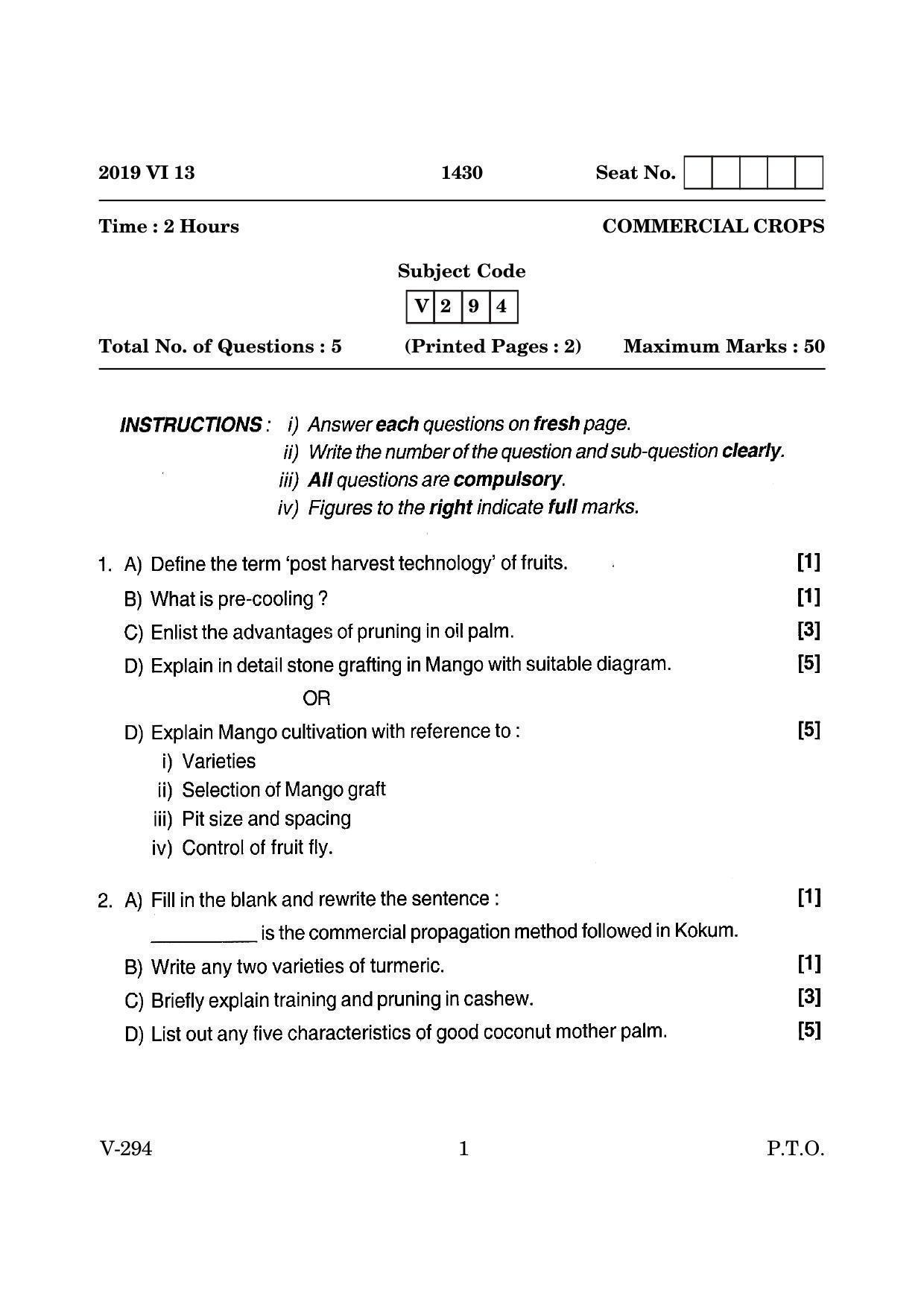 Goa Board Class 12 Commercial Crops (June 2019) Question Paper - Page 1