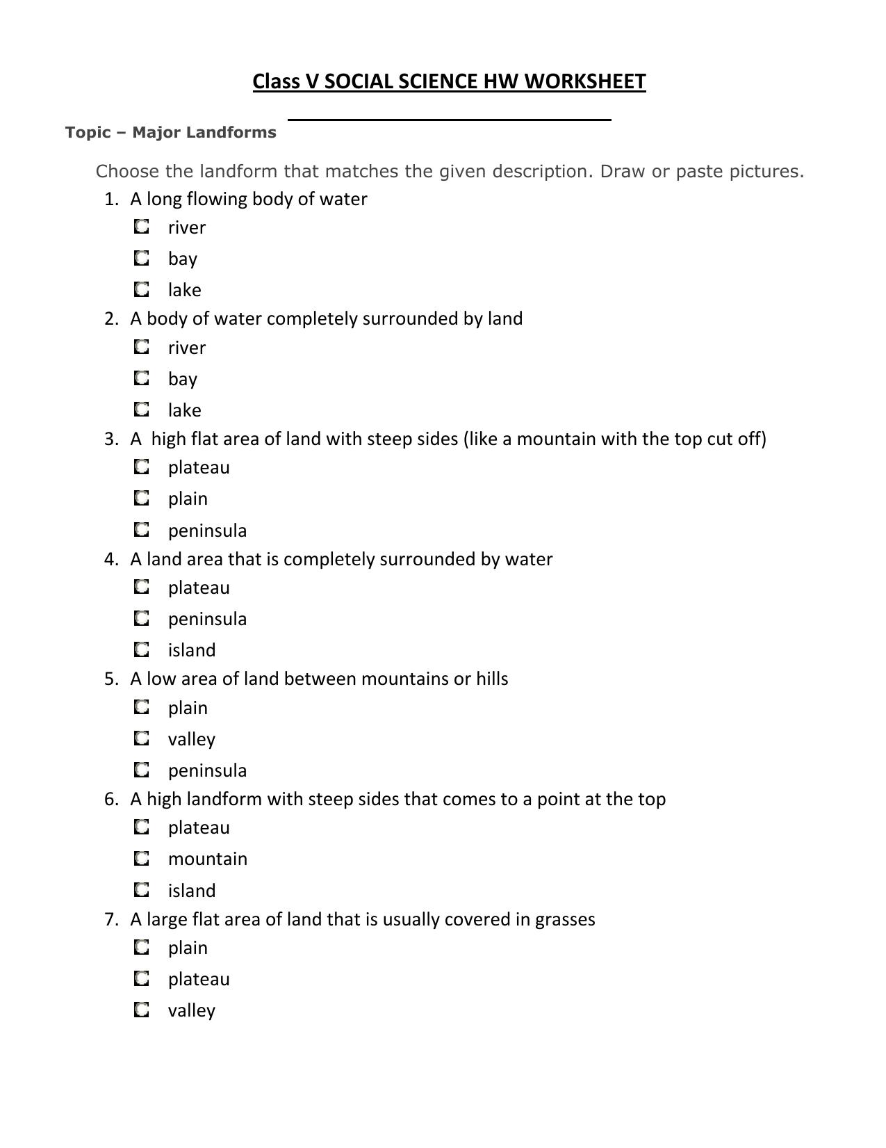 Worksheet for Class 5 Social Science Major Landforms Assignment 1 - Page 1