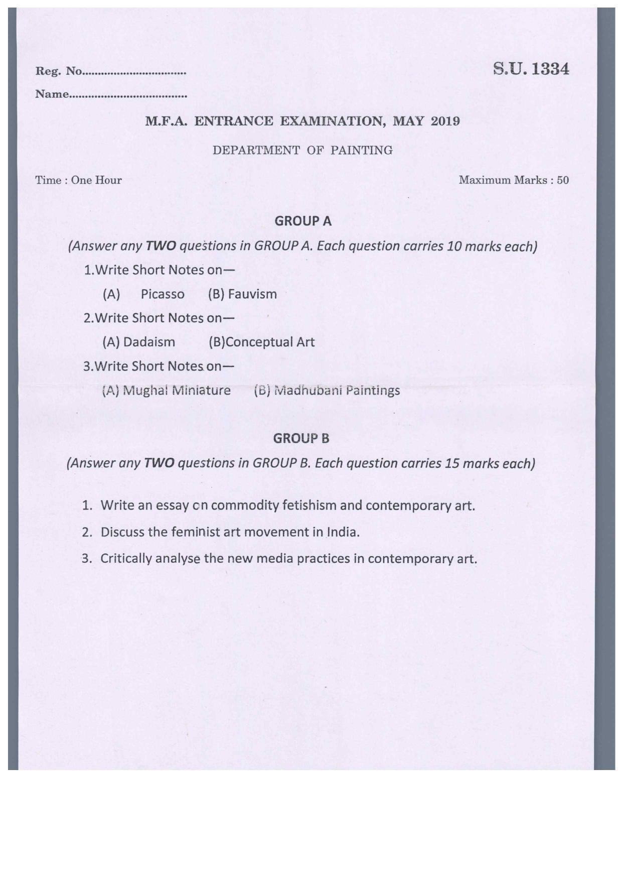 SSUS Entrance Exam PAINTING 2019 Question Paper - Page 1