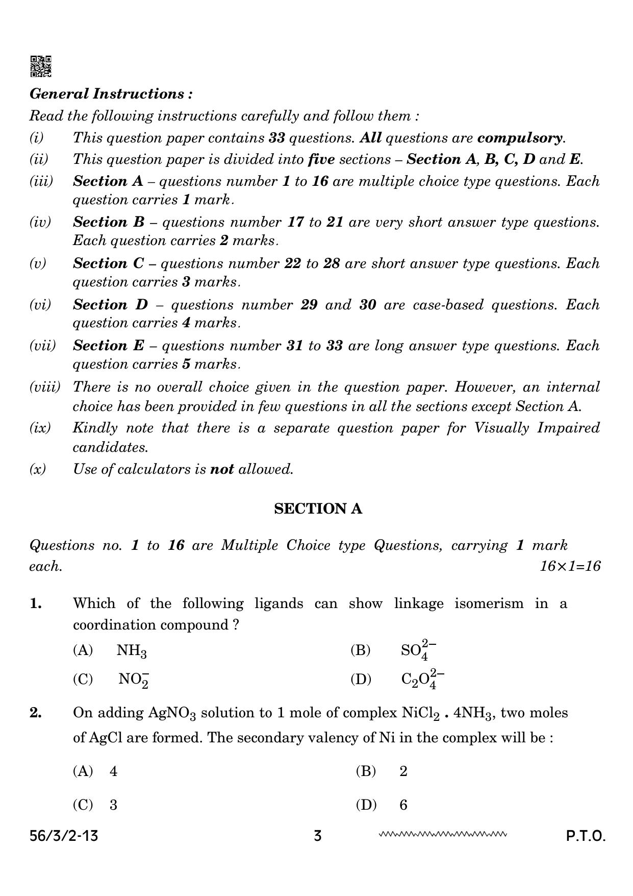 CBSE Class 12 56-3-2 Chemistry 2024 Question Paper - Page 3