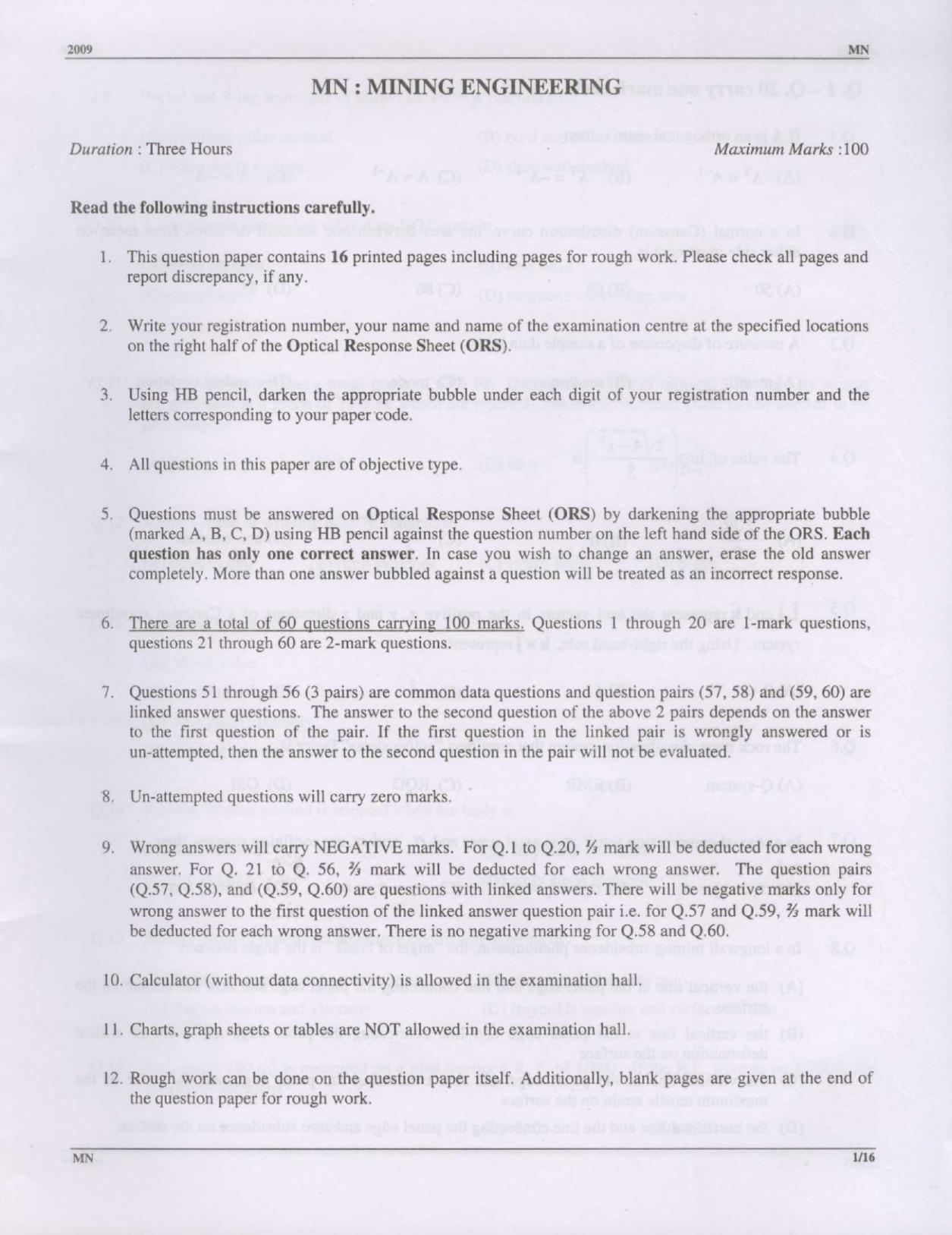 GATE 2009 Mining Engineering (MN) Question Paper with Answer Key - Page 1