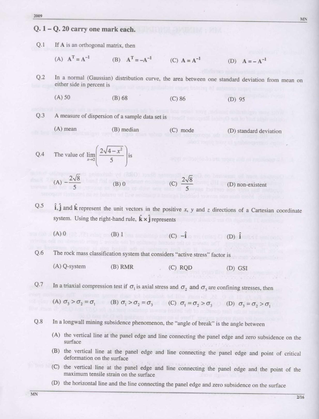 GATE 2009 Mining Engineering (MN) Question Paper with Answer Key - Page 2