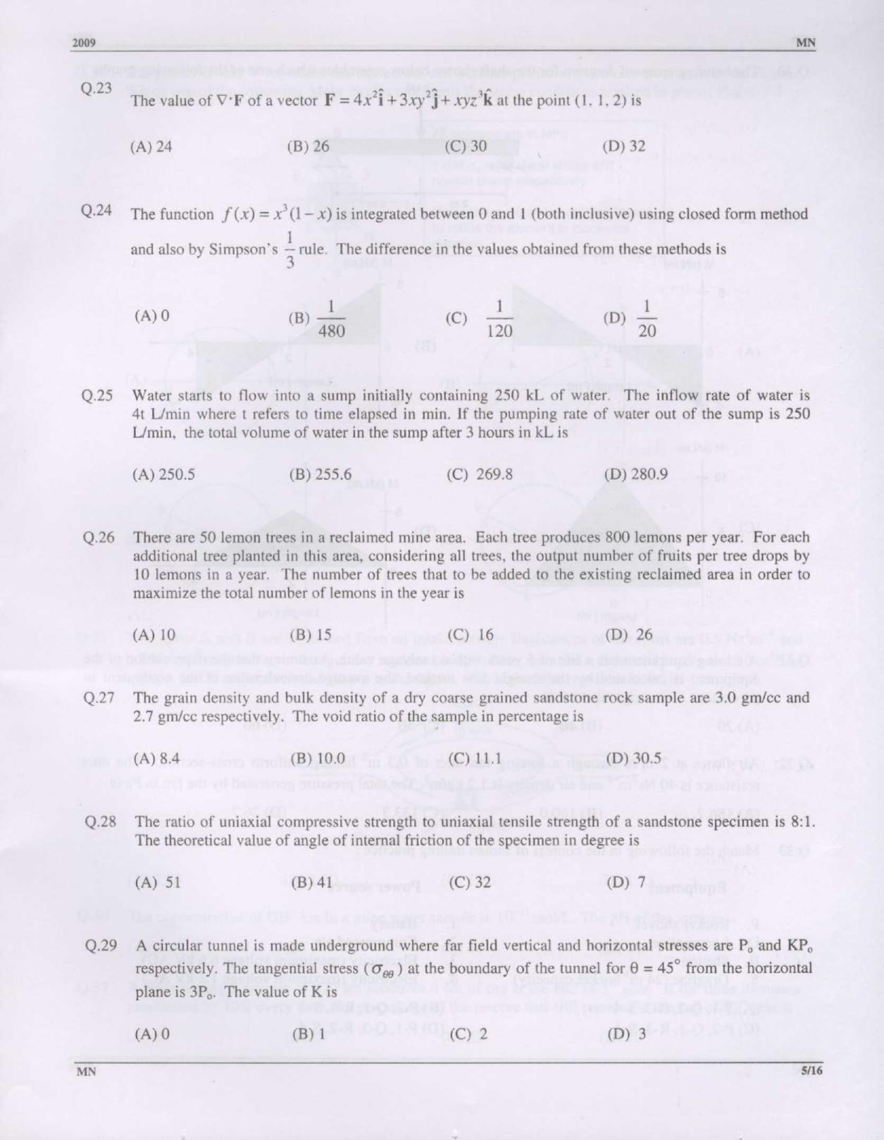 GATE 2009 Mining Engineering (MN) Question Paper with Answer Key - Page 5