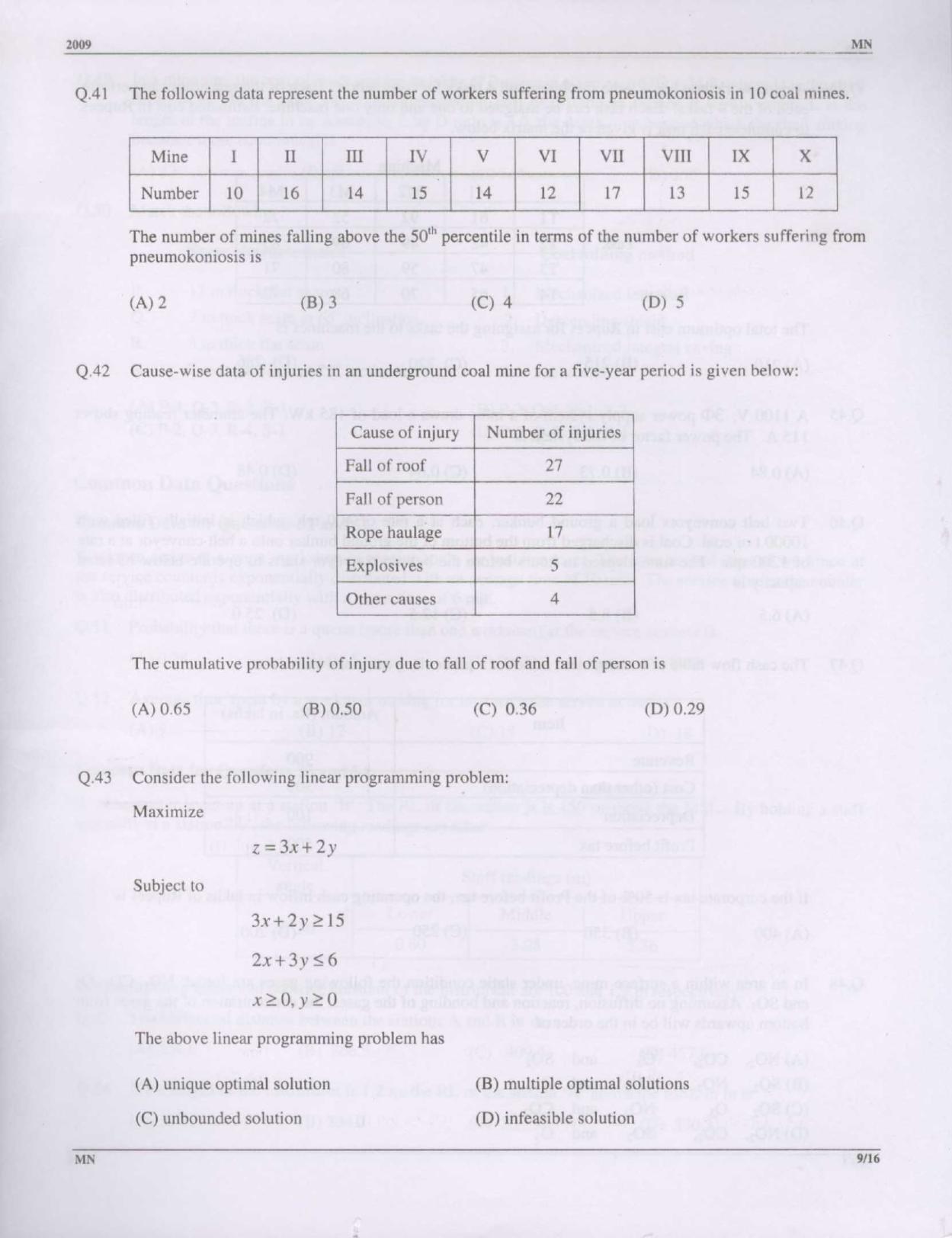 GATE 2009 Mining Engineering (MN) Question Paper with Answer Key - Page 9