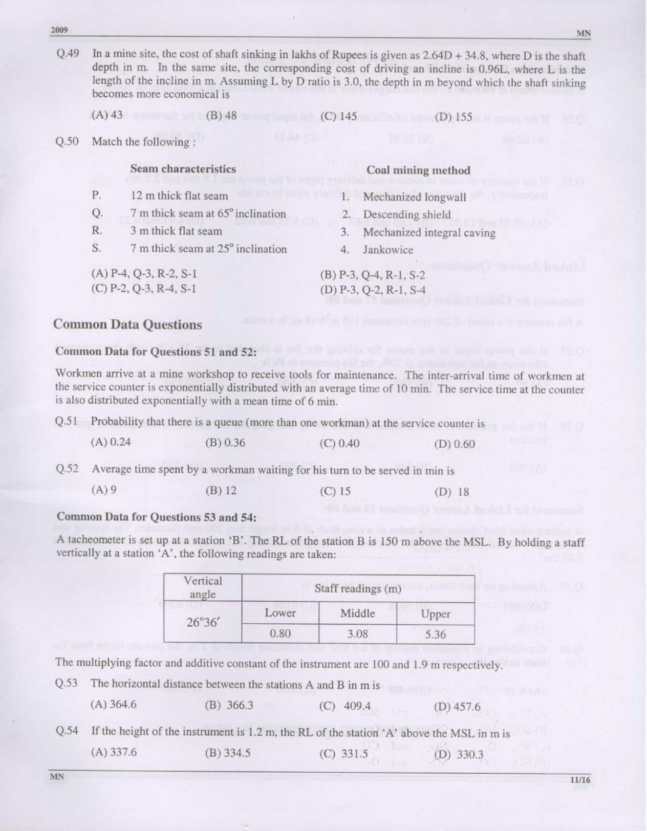 GATE 2009 Mining Engineering (MN) Question Paper with Answer Key - Page 11