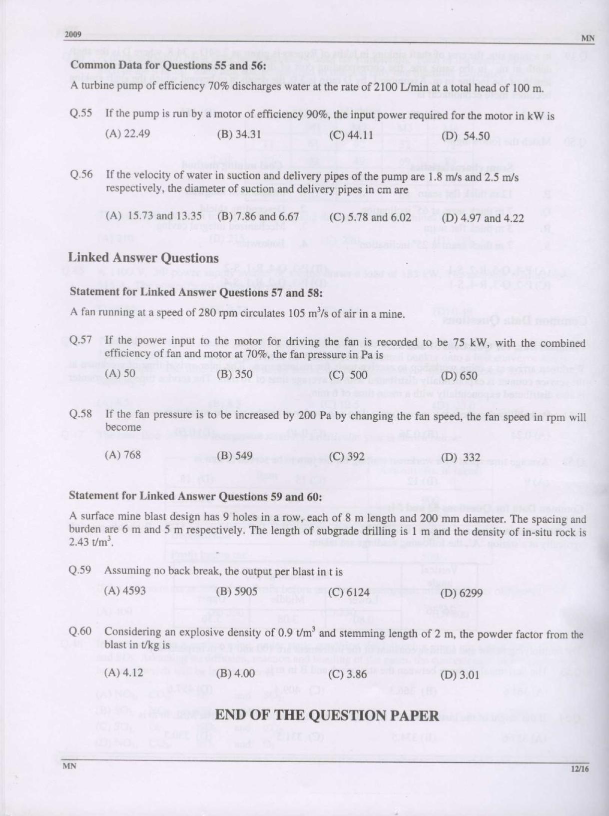 GATE 2009 Mining Engineering (MN) Question Paper with Answer Key - Page 12