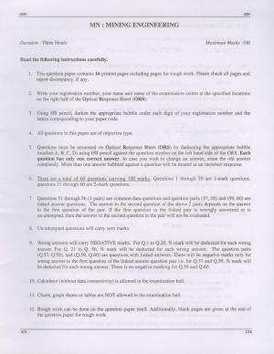 GATE 2009 Mining Engineering (MN) Question Paper with Answer Key