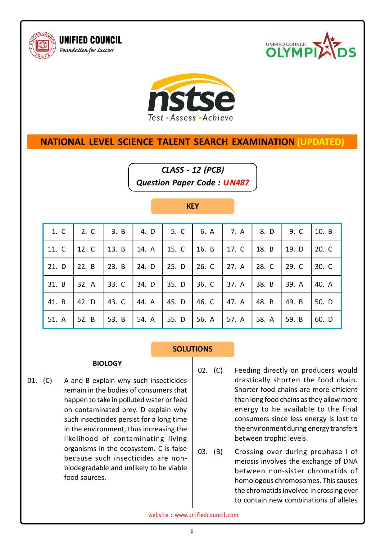 NSTSE 2023 Class 12 PCB Answer Key (Paper Code 487) - Page 1