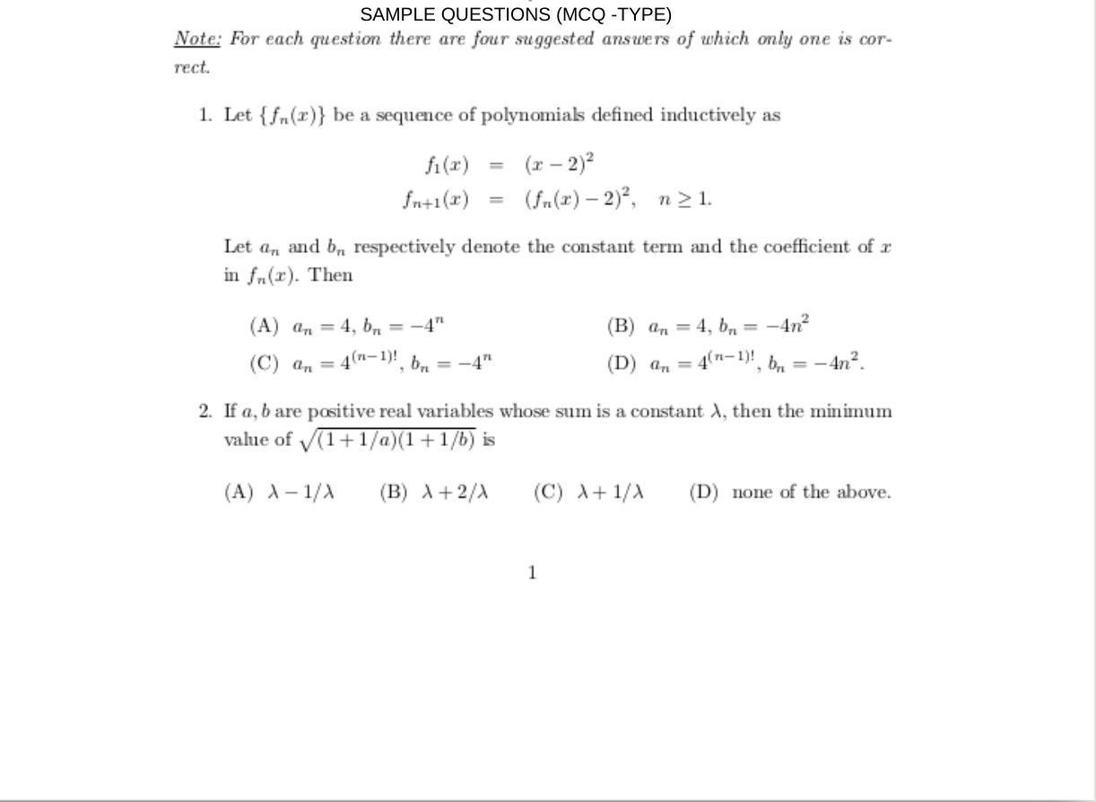 ISI Admission Test MMA (MCQ- Type) 2016 Sample Paper - Page 1