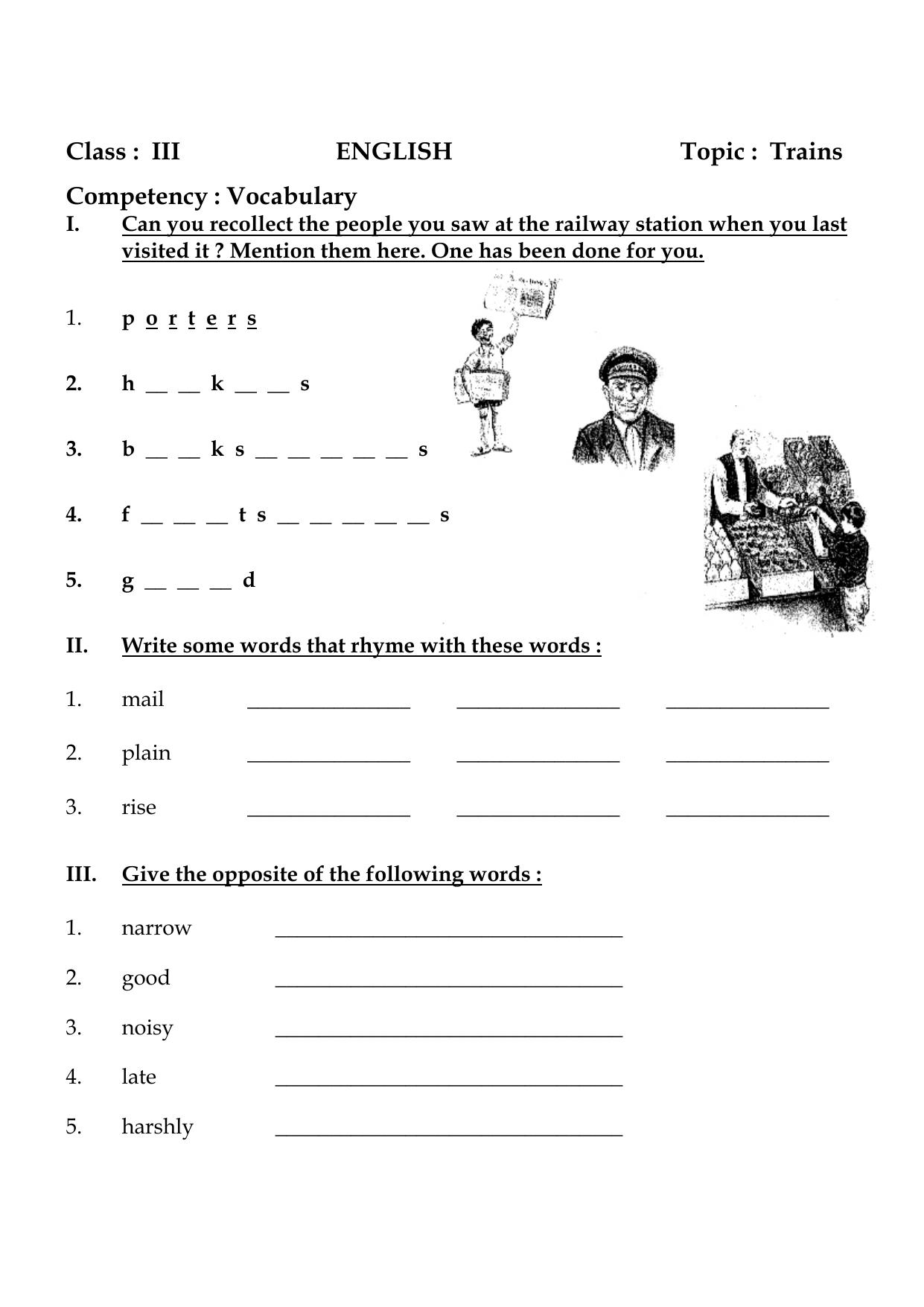 Worksheet for Class 3 English Trains Assignment - Page 1