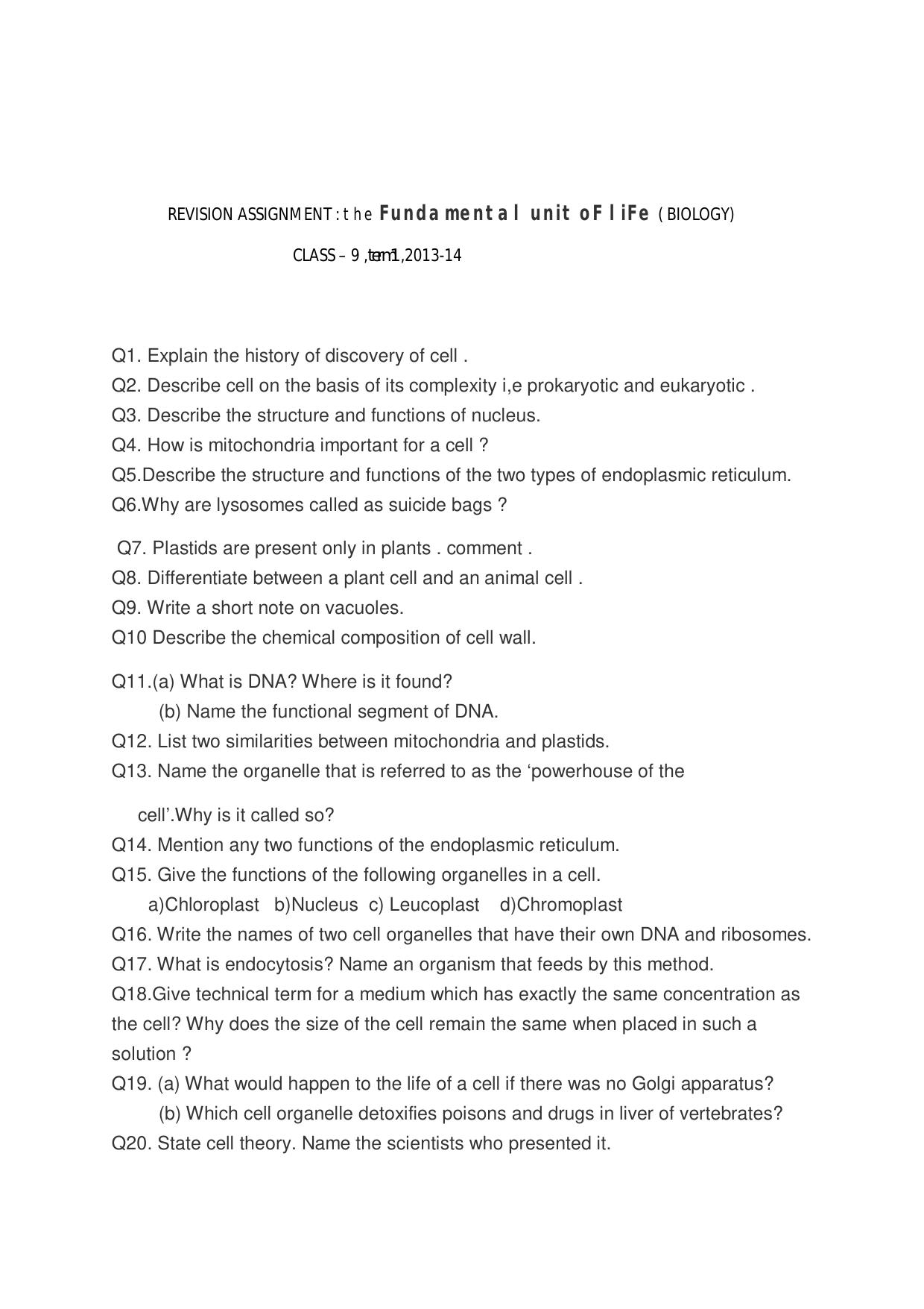 CBSE Worksheets for Class 9 Biology Fundamental Unit Of Life Assignment - Page 1