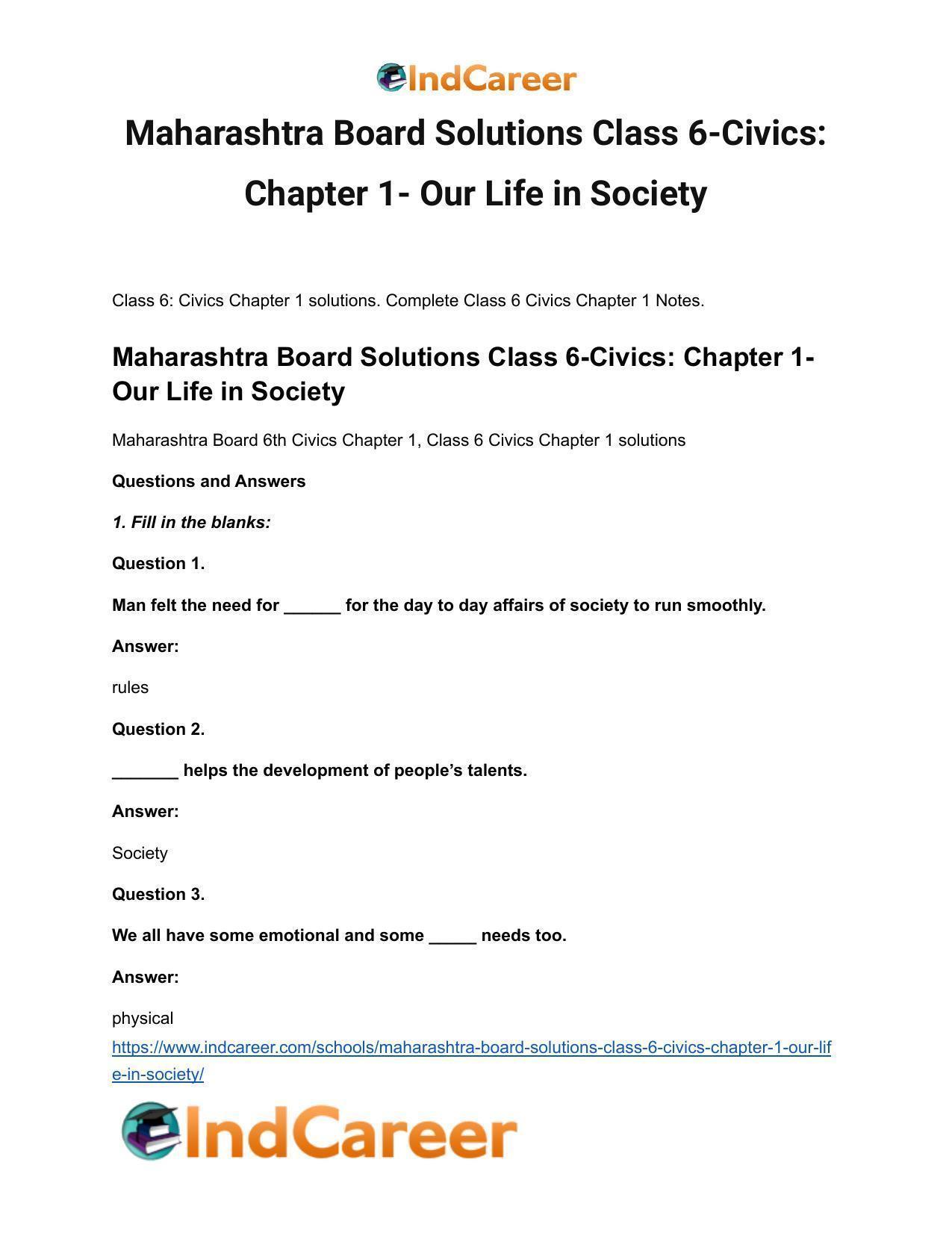Maharashtra Board Solutions Class 6-Civics: Chapter 1- Our Life in Society - Page 2