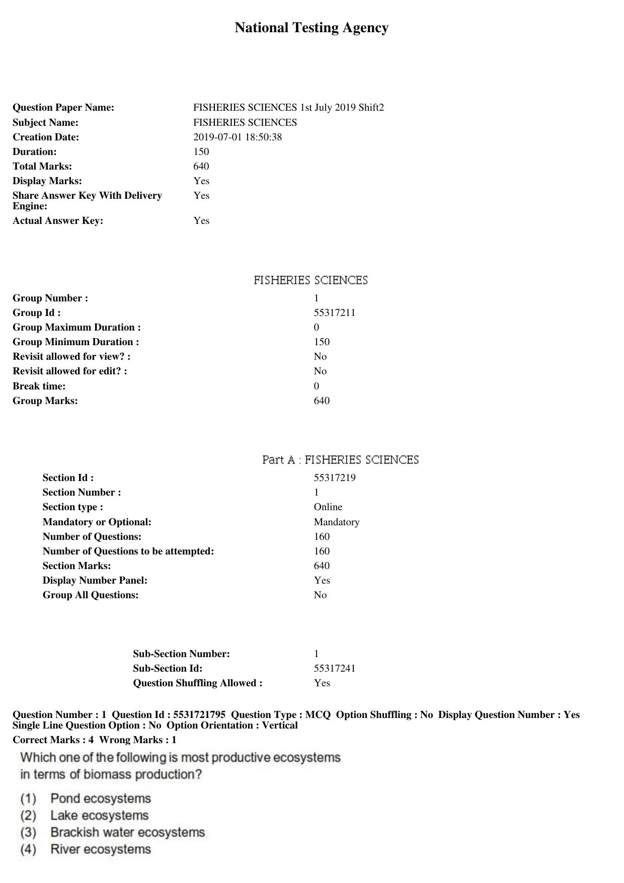 ICAR AIEEA PG 2019 FISHERIES SCIENCES Question Paper - Page 1