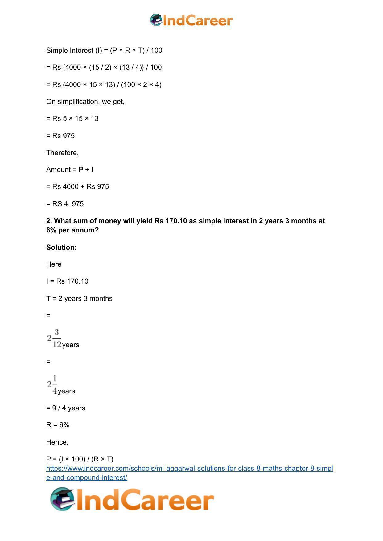 ML Aggarwal Solutions for Class 8 Maths Chapter 8- Simple and Compound Interest - Page 3