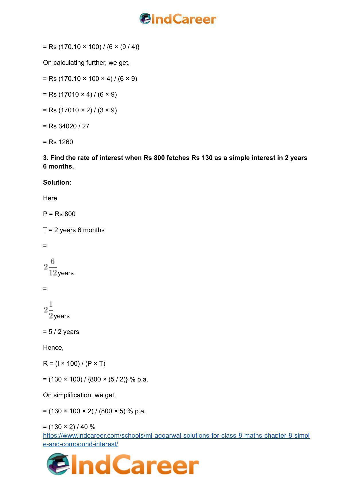 ML Aggarwal Solutions for Class 8 Maths Chapter 8- Simple and Compound Interest - Page 4