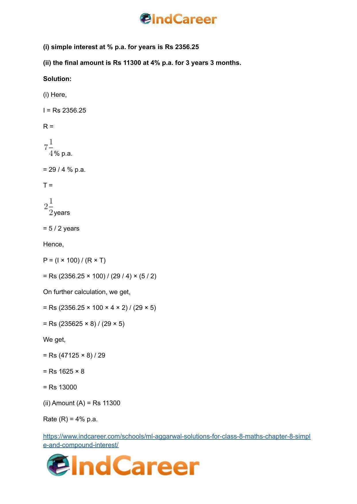 ML Aggarwal Solutions for Class 8 Maths Chapter 8- Simple and Compound Interest - Page 6