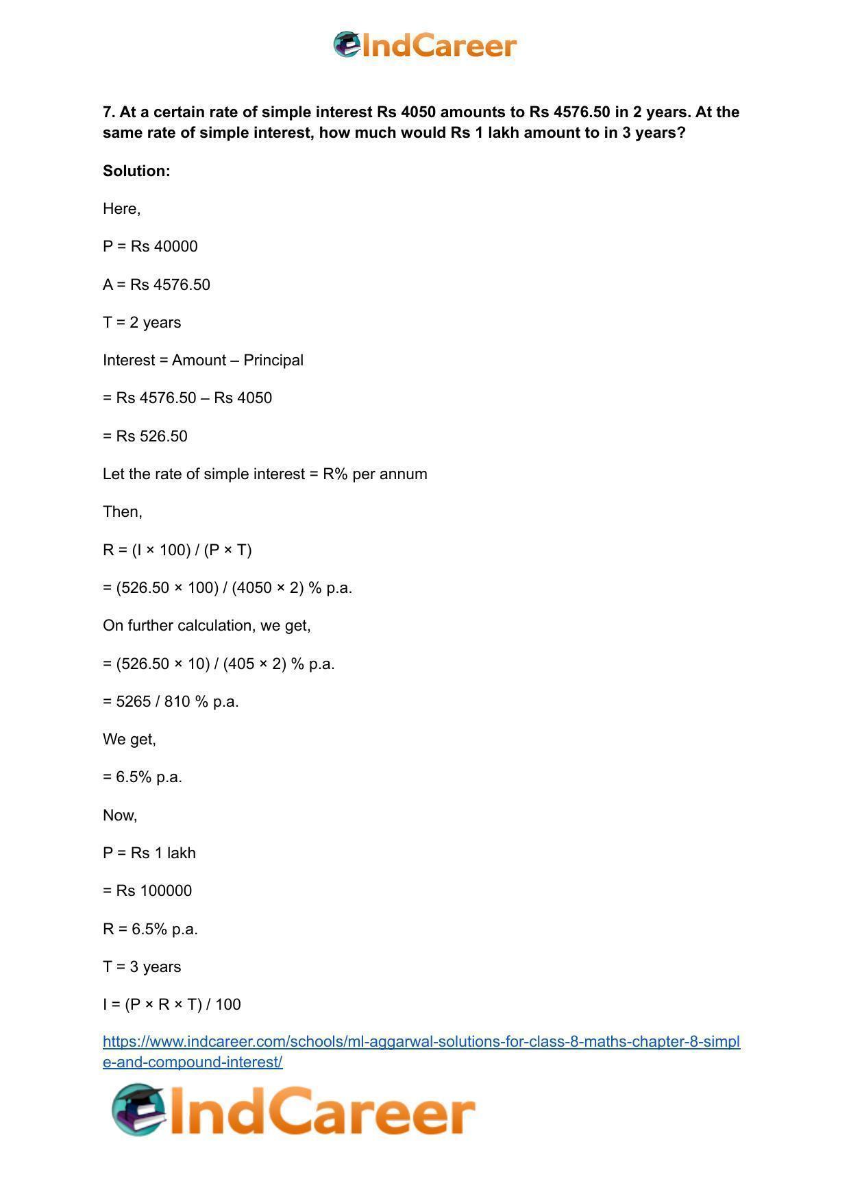ML Aggarwal Solutions for Class 8 Maths Chapter 8- Simple and Compound Interest - Page 9