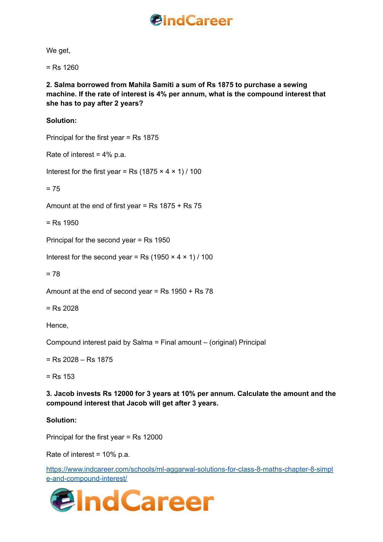 ML Aggarwal Solutions for Class 8 Maths Chapter 8- Simple and Compound Interest - Page 12