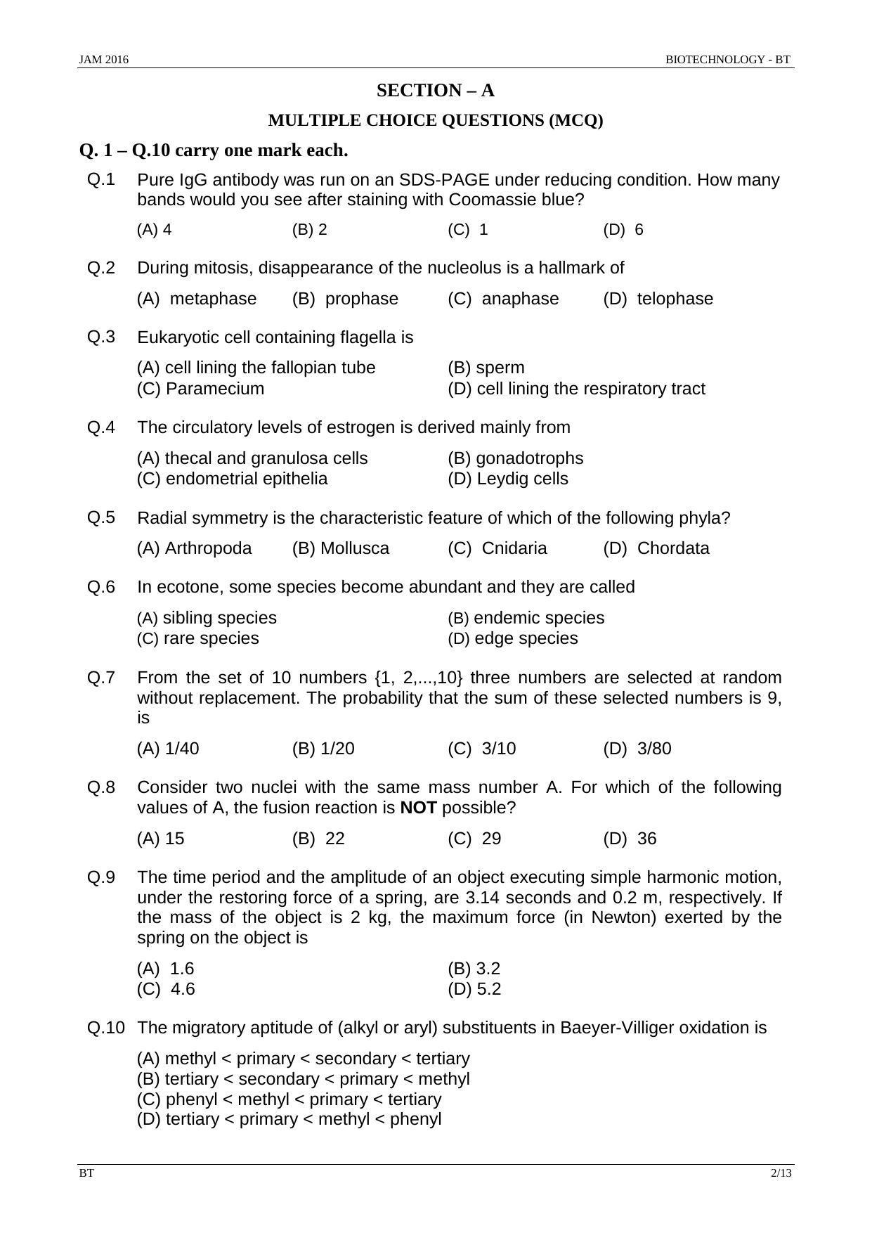 JAM 2016: BT Question Paper - Page 1