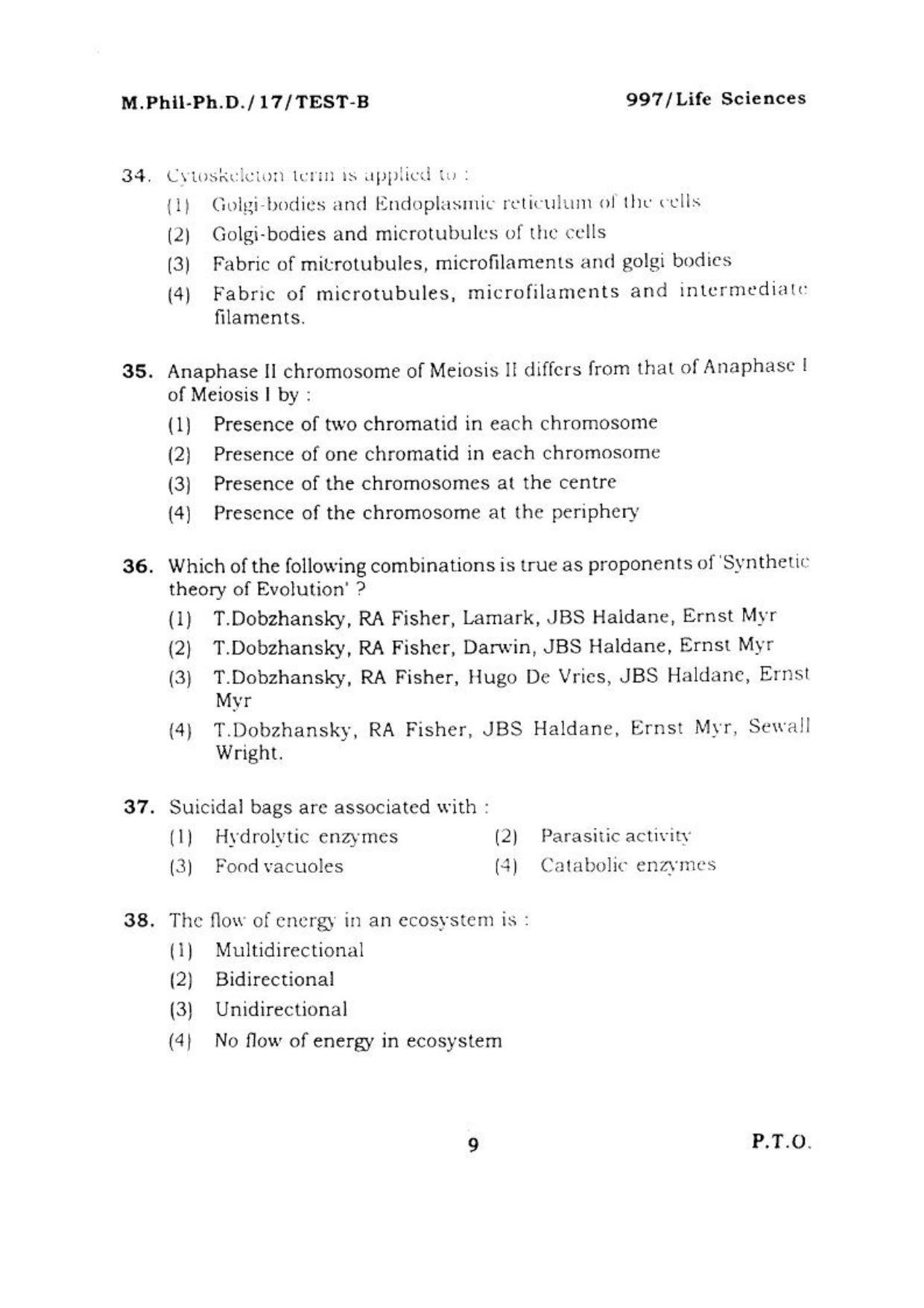 BHU RET LIFE SCIENCE 2017 Question Paper - Page 10