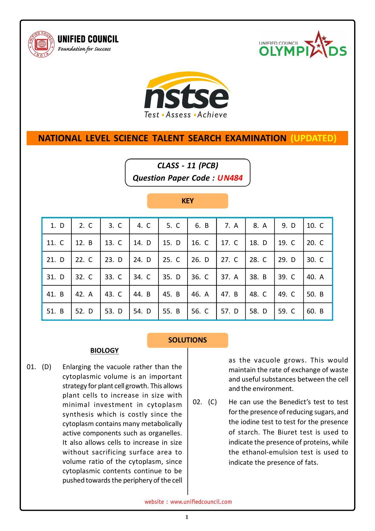 NSTSE 2023 Class 11 PCB Answer Key (Paper Code 484) - Page 1