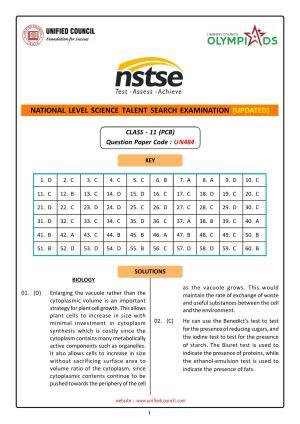 NSTSE 2023 Class 11 PCB Answer Key (Paper Code 484)