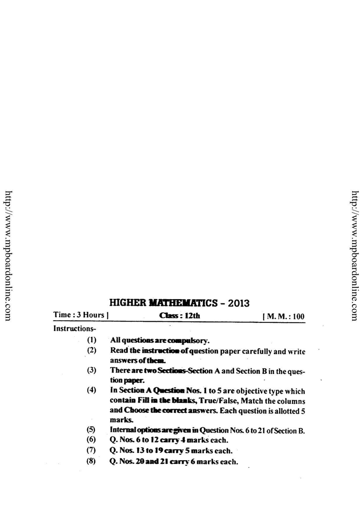 MP Board Class 12 Higher Mathematics (English Medium) 2013 Question Paper - Page 1