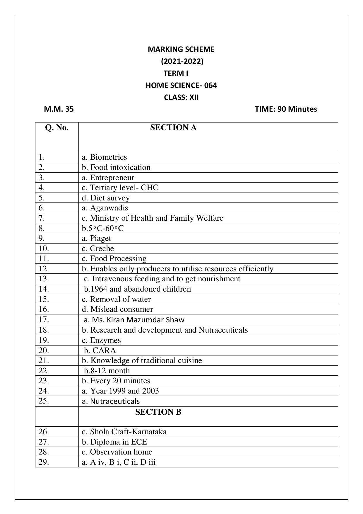 CBSE Class 12th Home Science Sample Question Paper Answer Key 2021-22 - Page 1