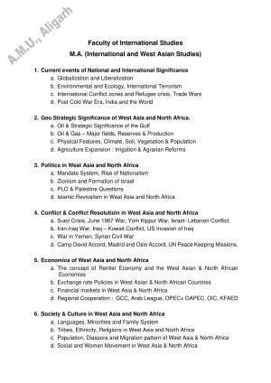 AMU Entrance Exam: M.A. (International & West Asian Studies) Syllabus
