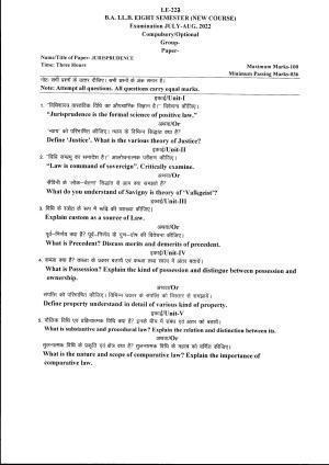 Bilaspur University Question Paper July 2022: B.A. L.L.B.(VIII Sem.) Jurisprudence Paper 1