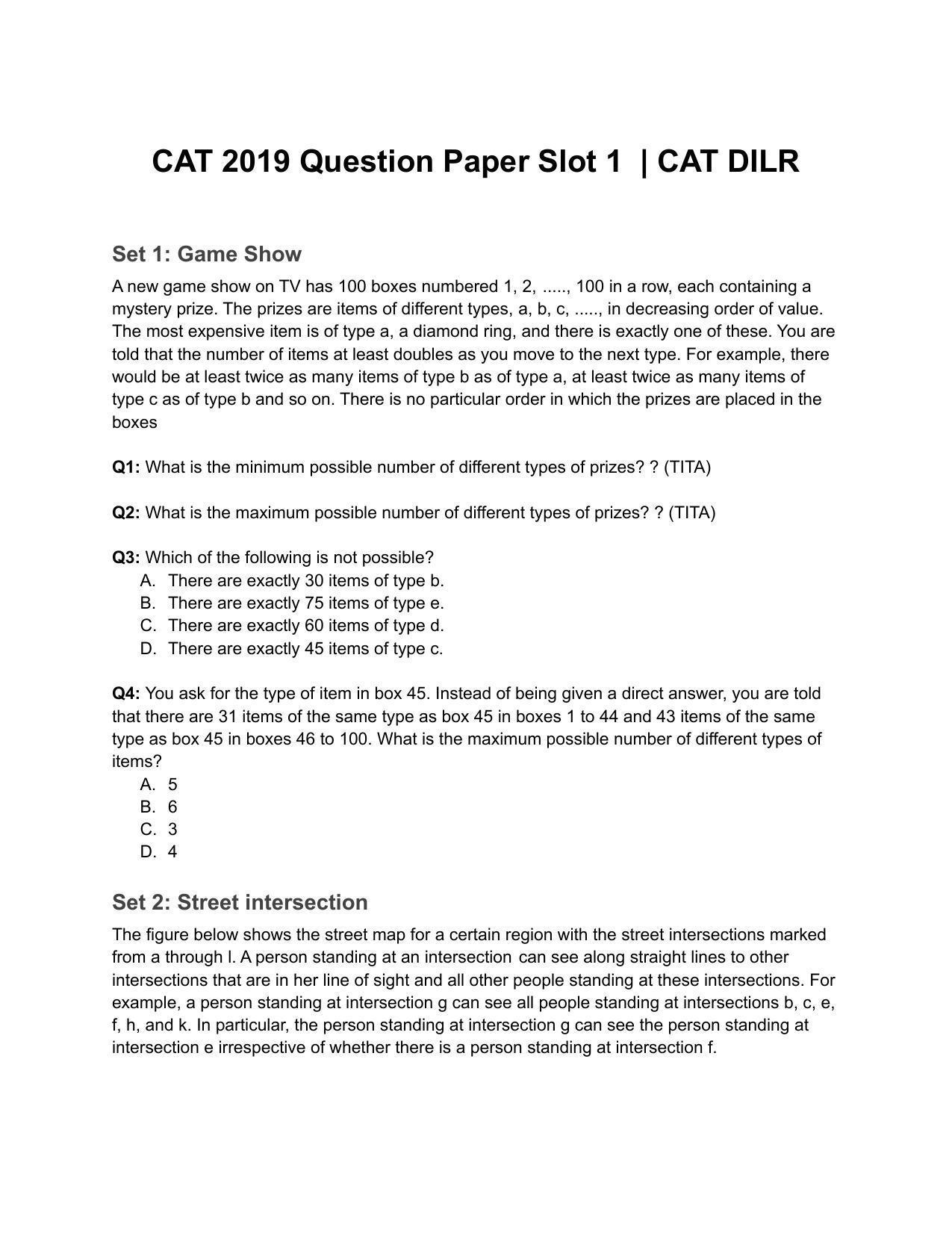 CAT 2019 CAT DILR Slot 1 Question Paper - Page 1