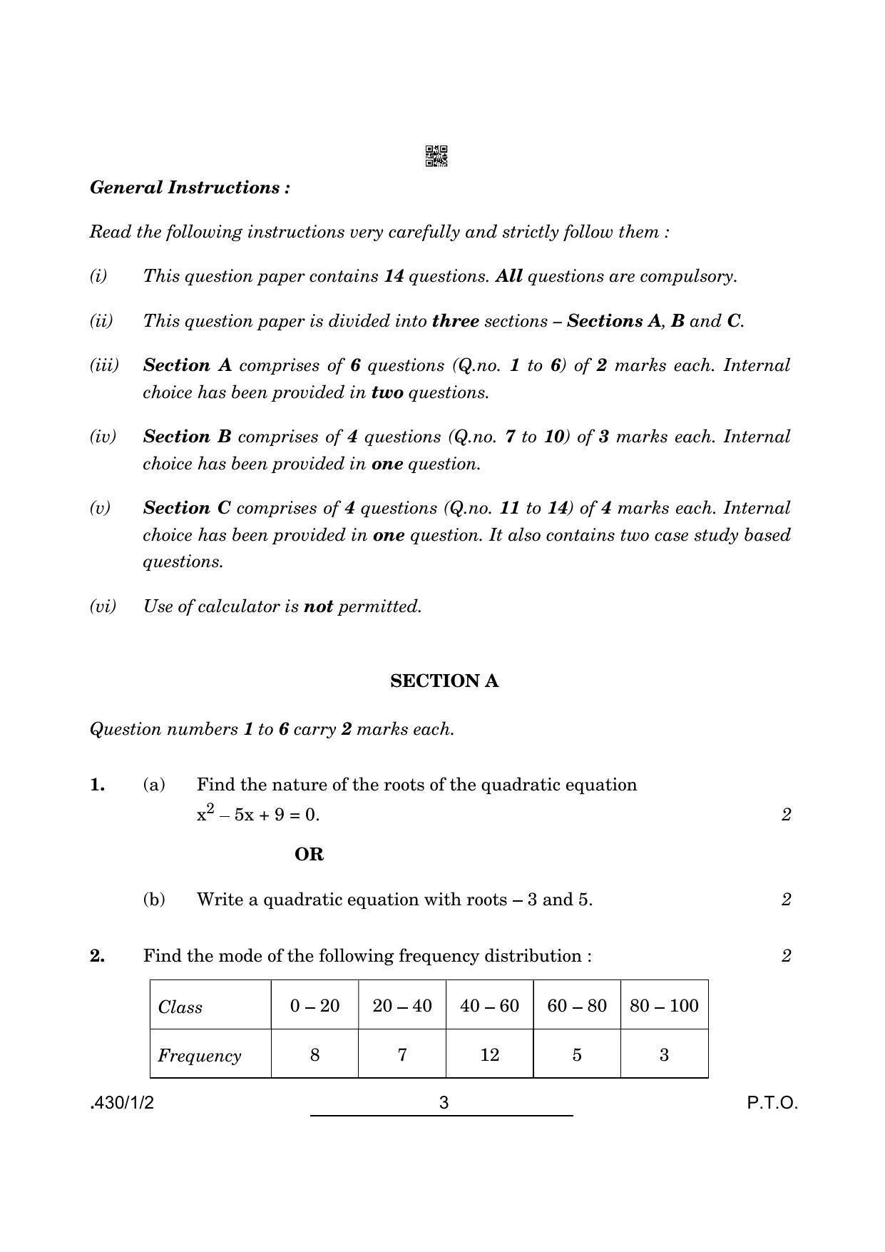 CBSE Class 10 Maths Basic (430/1/2 - SET 2) 2022 Question Paper - Page 3